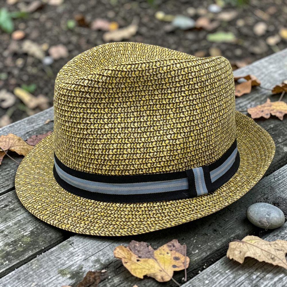 Amiani Raffia Straw Fedora Hat Woven Summer Trilby Panama Style Blue Ribbon Band